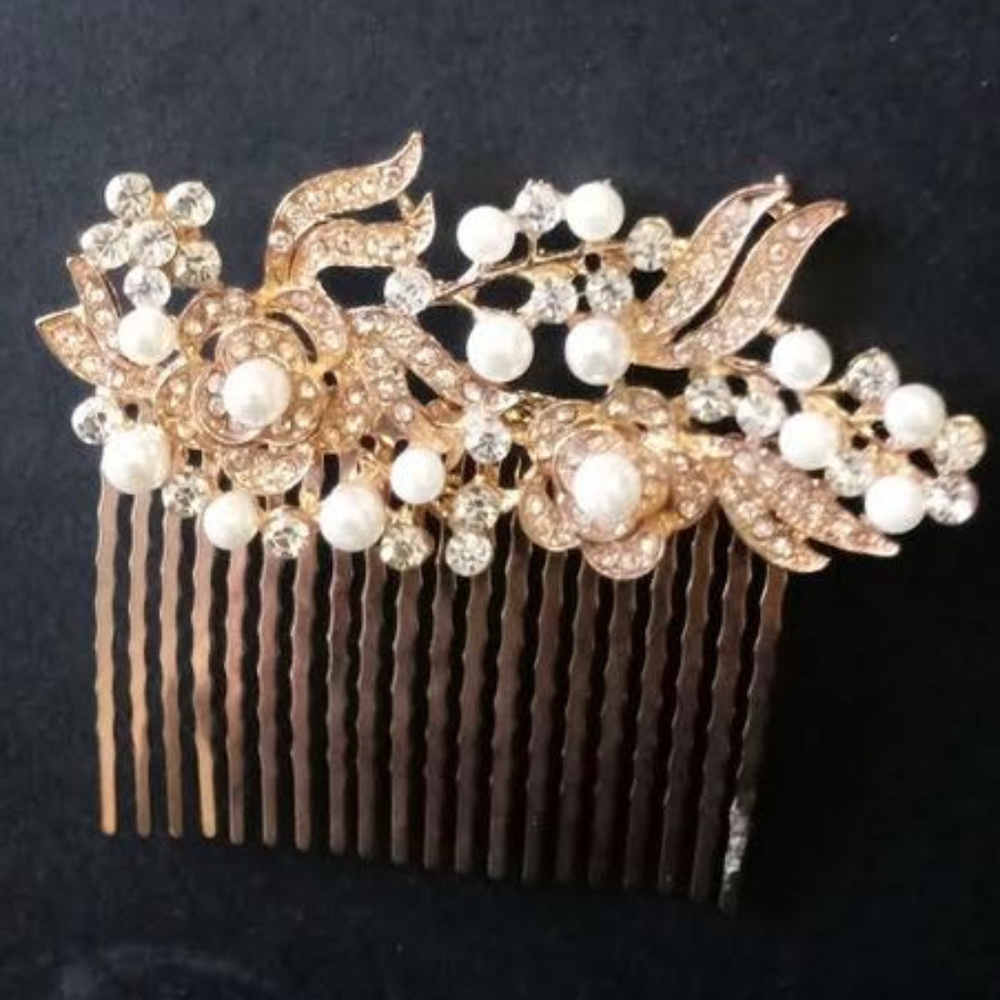 Bridal Rose Gold Tone Pearls Rhinestones Hair Comb